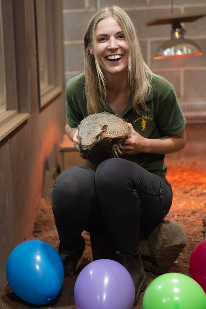 Farmer Georgie Kaye and Tank the armadillo.