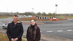 Artists Dan Jones and Ailish Treanor at the new roundabout in Goldthorpe.