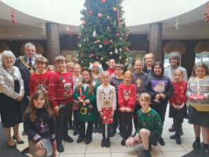 Pupils from Silkstone Common with Mayor and Mayoress John and Doreen Clarke at last month’s Christmas Superjam.