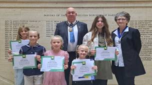 The Deputy Mayor and Mayoress of Barnsley, Coun David Leech and Mrs Alison Leech with competition winners, from left to right: Georgia Finbow, Rafe Nutter, Esther Turner, Grace Harris and Lottie Rhodes.